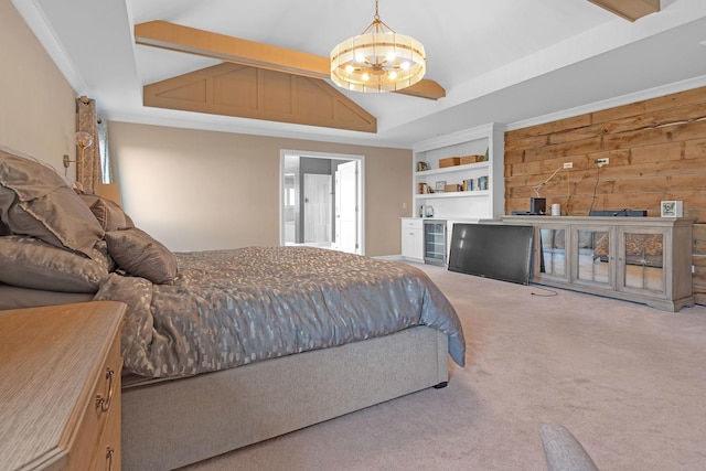 bedroom featuring vaulted ceiling with beams, wooden walls, carpet floors, an inviting chandelier, and crown molding