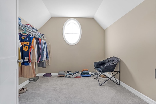 spacious closet featuring carpet floors and vaulted ceiling