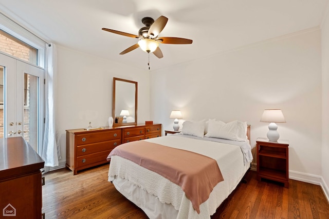 bedroom with access to exterior, ceiling fan, baseboards, and wood finished floors