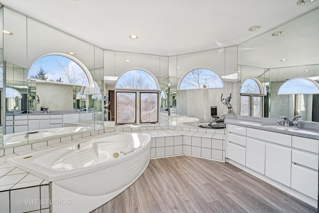 bathroom with a jetted tub, wood finished floors, and vanity