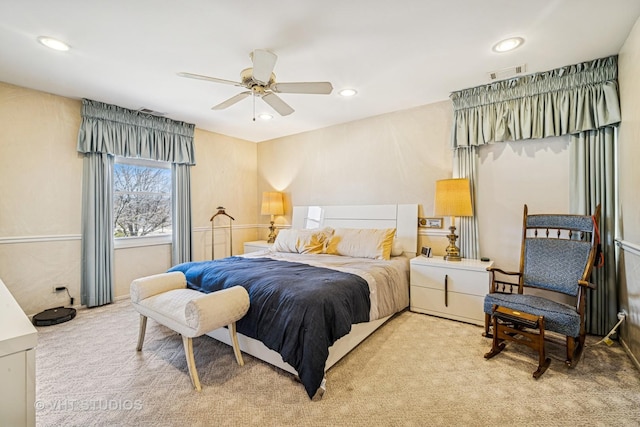 bedroom with a ceiling fan, carpet flooring, recessed lighting, and visible vents