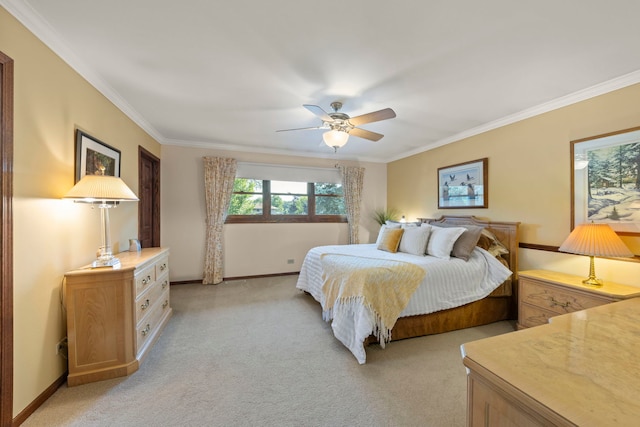 bedroom with baseboards, ornamental molding, and light colored carpet