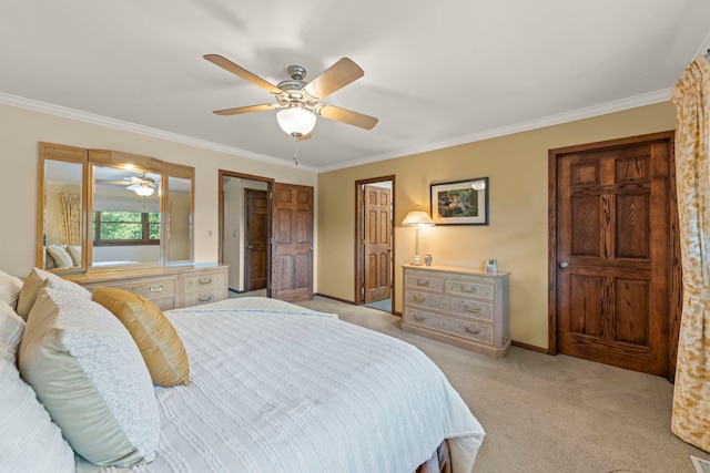 bedroom featuring ornamental molding, light carpet, ceiling fan, and baseboards