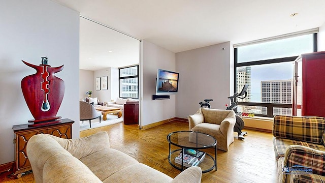 living room featuring a healthy amount of sunlight, baseboards, and wood finished floors