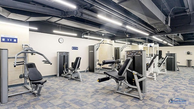 exercise room featuring carpet flooring