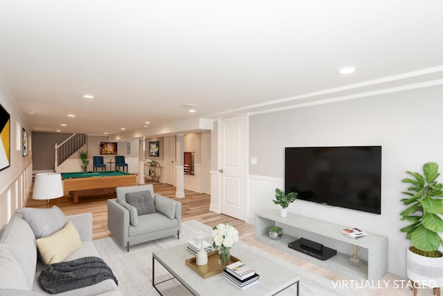 living room featuring pool table, light wood finished floors, stairway, and recessed lighting