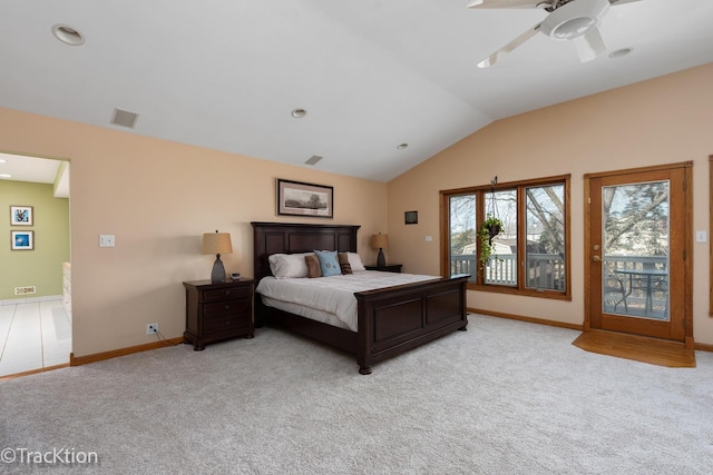 carpeted bedroom featuring visible vents, baseboards, access to exterior, and vaulted ceiling