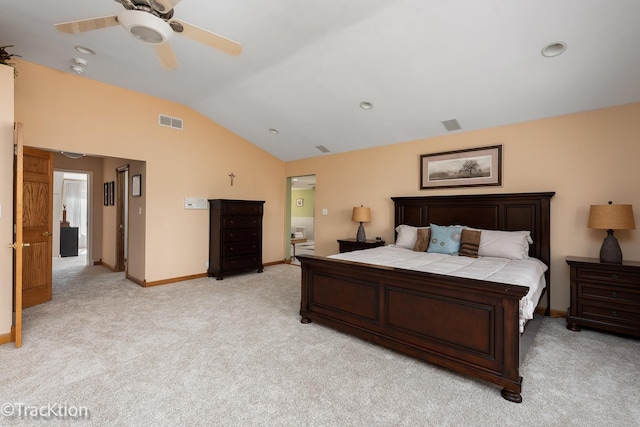 bedroom featuring a ceiling fan, baseboards, visible vents, lofted ceiling, and light carpet