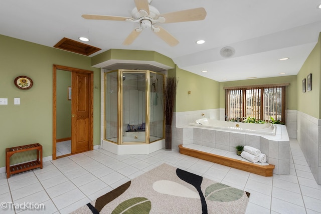 bathroom with a shower stall, recessed lighting, a bath, tile patterned floors, and a ceiling fan