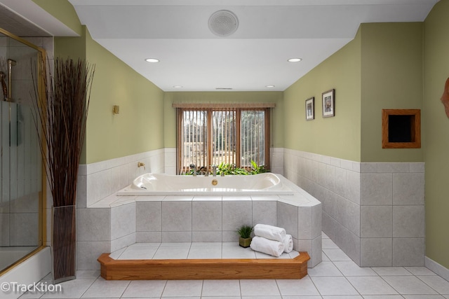 bathroom featuring tile patterned floors, an enclosed shower, a garden tub, and recessed lighting