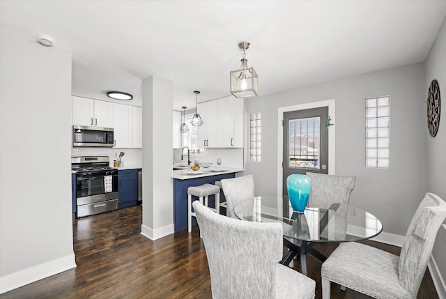 dining room with dark wood-style flooring, a wealth of natural light, and baseboards