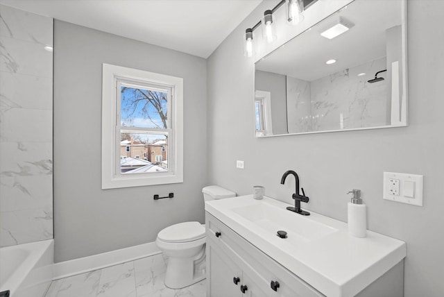 bathroom with marble finish floor, vanity, toilet, and baseboards