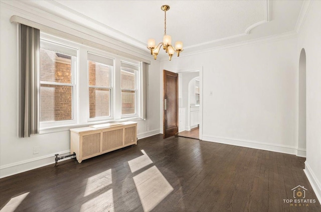 unfurnished dining area featuring baseboards, radiator heating unit, arched walkways, dark wood-style flooring, and a notable chandelier