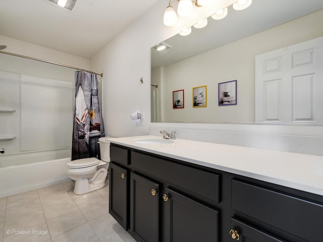 full bath with visible vents, toilet, shower / tub combo with curtain, tile patterned flooring, and vanity