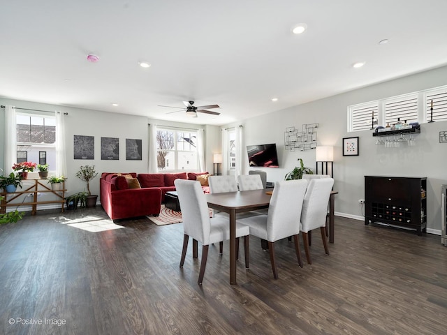 dining area featuring recessed lighting, baseboards, ceiling fan, and dark wood-style flooring