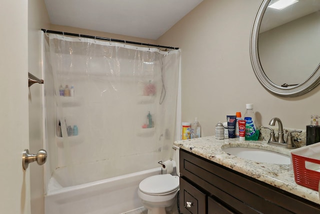 full bath featuring shower / tub combo, toilet, and vanity