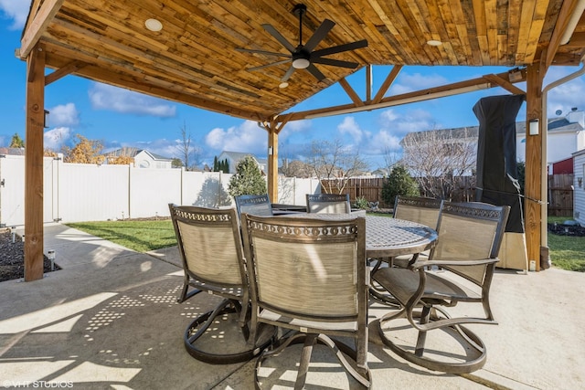 view of patio / terrace featuring ceiling fan, a fenced backyard, and outdoor dining space