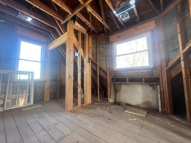 unfinished attic featuring a healthy amount of sunlight