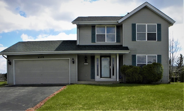 traditional home with cooling unit, an attached garage, driveway, and a front lawn