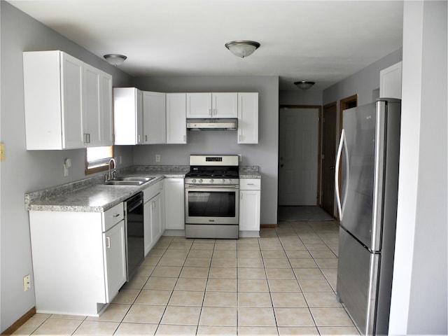 kitchen with light tile patterned floors, stainless steel appliances, white cabinetry, a sink, and under cabinet range hood