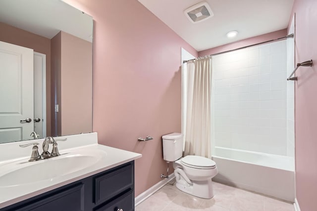 bathroom featuring visible vents, toilet, shower / tub combo, vanity, and tile patterned floors