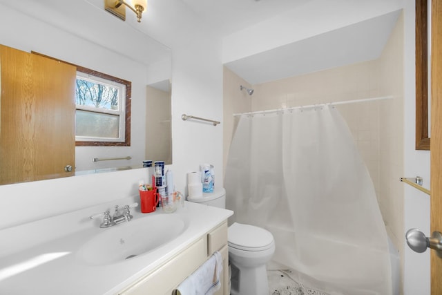 bathroom featuring toilet, shower / bathtub combination with curtain, and vanity