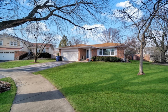 ranch-style house featuring brick siding, aphalt driveway, an attached garage, fence, and a front yard