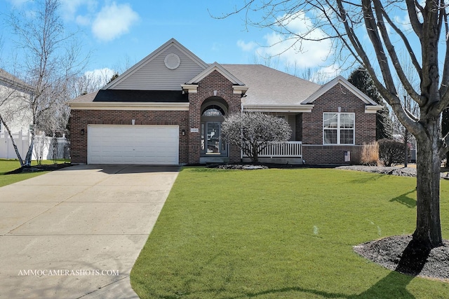 view of front facade featuring brick siding, roof with shingles, concrete driveway, and a front yard