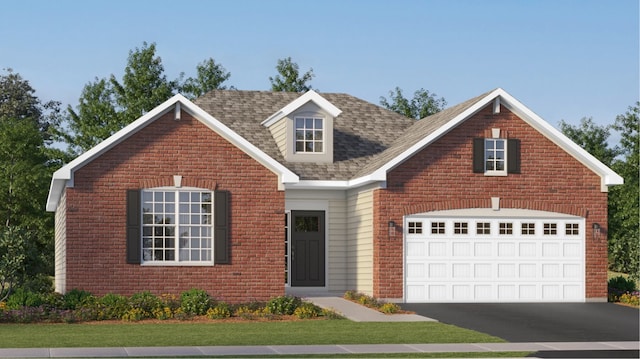 view of front of property featuring aphalt driveway, brick siding, a garage, and roof with shingles