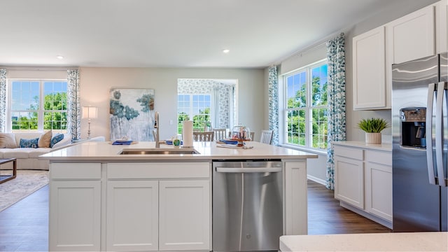 kitchen with a wealth of natural light, appliances with stainless steel finishes, light countertops, and a sink