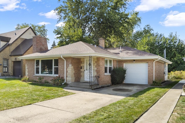 view of front facade featuring an attached garage, brick siding, roof with shingles, a chimney, and a front yard