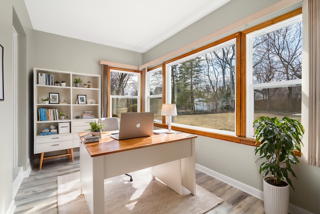 office area featuring light wood finished floors, plenty of natural light, and baseboards