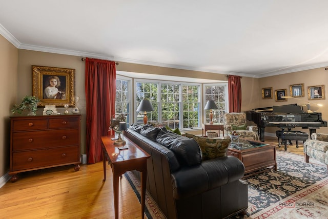 living room featuring light wood finished floors and crown molding