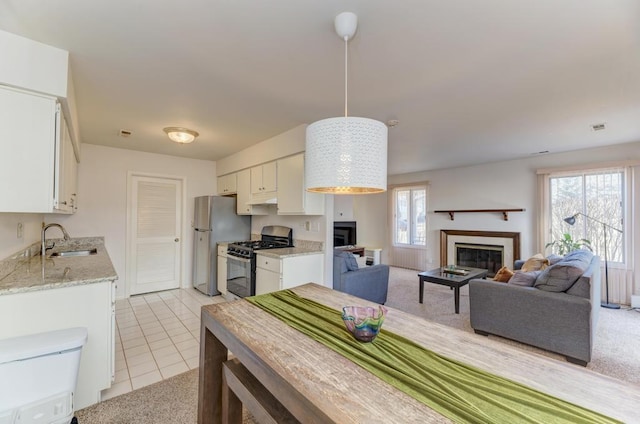 kitchen featuring stainless steel appliances, a glass covered fireplace, white cabinetry, and a sink