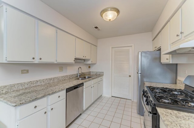 kitchen with under cabinet range hood, a sink, white cabinetry, stainless steel dishwasher, and gas stove