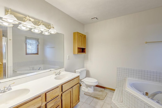 full bath featuring tile patterned flooring, visible vents, a sink, and a tub with jets