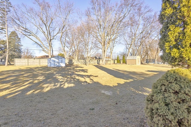 view of yard with a shed, an outdoor structure, and fence