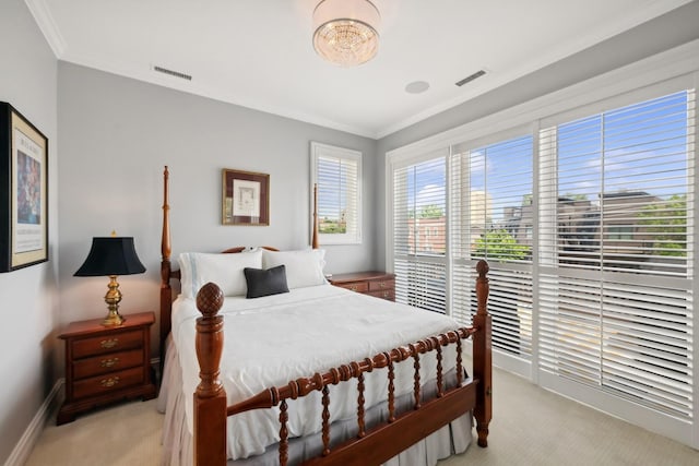 bedroom featuring light carpet, visible vents, and crown molding