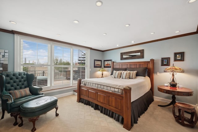 bedroom with recessed lighting, crown molding, and baseboards