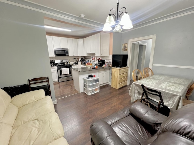 interior space with dark wood-style floors, stainless steel range with gas cooktop, and white cabinetry