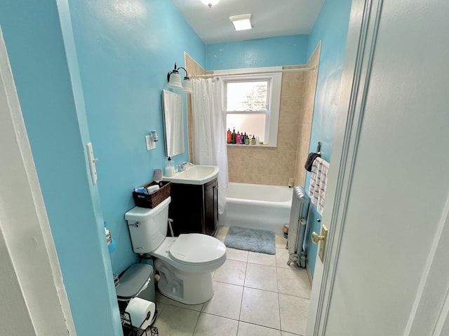 full bath featuring toilet, tile patterned floors, vanity, radiator, and shower / bathtub combination with curtain