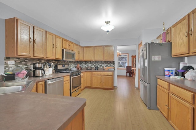 kitchen featuring appliances with stainless steel finishes, a sink, light wood finished floors, and tasteful backsplash