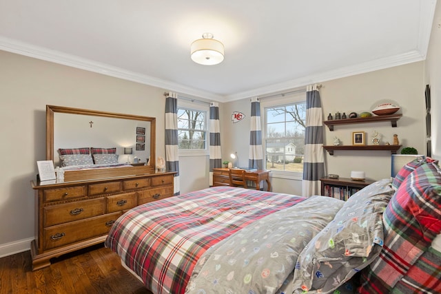 bedroom with baseboards, ornamental molding, and dark wood-type flooring