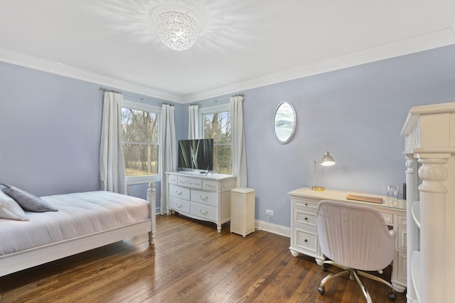 bedroom with baseboards, dark wood-style flooring, and ornamental molding