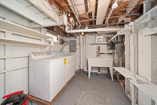 unfinished basement featuring electric panel and washer and dryer