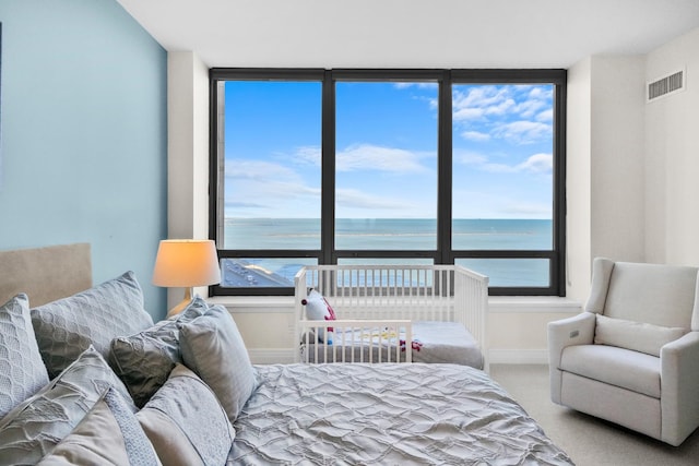 carpeted bedroom with visible vents, a water view, and baseboards