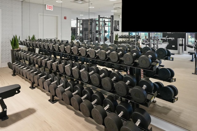 gym with wood finished floors and a paneled ceiling