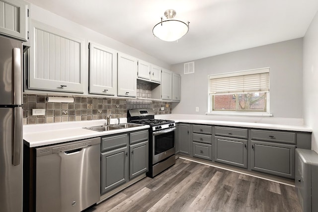 kitchen with visible vents, dark wood-style flooring, stainless steel appliances, gray cabinetry, and a sink