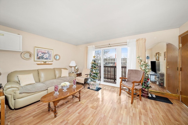 living area featuring light wood-style flooring and arched walkways