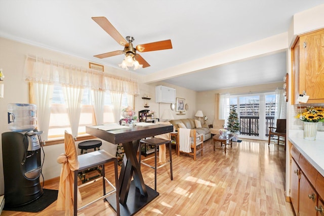 interior space with plenty of natural light, a ceiling fan, and light wood-style floors